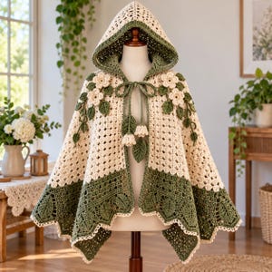May include: A cream-coloured hooded crochet cape featuring a dark green border with leaf motifs. The garment is adorned with three-dimensional cream flowers and green leaves on the shoulders and chest, finished with a tie closure and dangling floral accents.