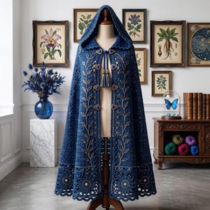 Puede incluir: Una capa con capucha de color azul intenso que presenta intrincados patrones de encaje de ganchillo a lo largo del dobladillo y los paneles frontales. La prenda se asegura con cuatro broches dorados ornamentados con detalles azules.