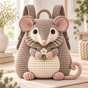 Peut inclure: Un sac à dos en crochet en forme de souris avec un corps marron clair, un ventre crème et des détails roses sur les oreilles, le nez et les pieds. La souris tient une petite fleur blanche avec des feuilles vertes et possède une queue rose.