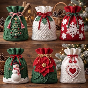 May include: Six festive drawstring gift bags made of crochet fabric. The bags feature holiday designs including a Christmas tree, holly berries, snowflakes, a snowman, a poinsettia flower, and a heart, all tied with decorative cords.