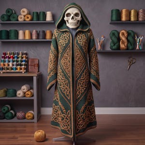 May include: A long, hooded coat in dark green with intricate gold-colored Celtic knotwork embroidery throughout the front panels and sleeves. The garment is displayed on a mannequin featuring a white, textured skull-shaped headpiece.