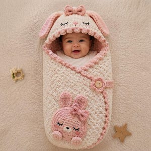 May include: A cream-colored crocheted baby swaddle featuring a hood with long bunny ears and a small bow. The swaddle has a textured stitch pattern, a wooden button closure, and a large pink crocheted bunny face appliqué on the front.