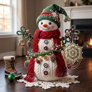 May include: A crocheted snowman figurine wearing a green hat with pearls and a red cable-knit scarf. The snowman has a white textured body with decorative buttons, adorned with hanging ornaments like pinecones, a mitten, and a snowflake.