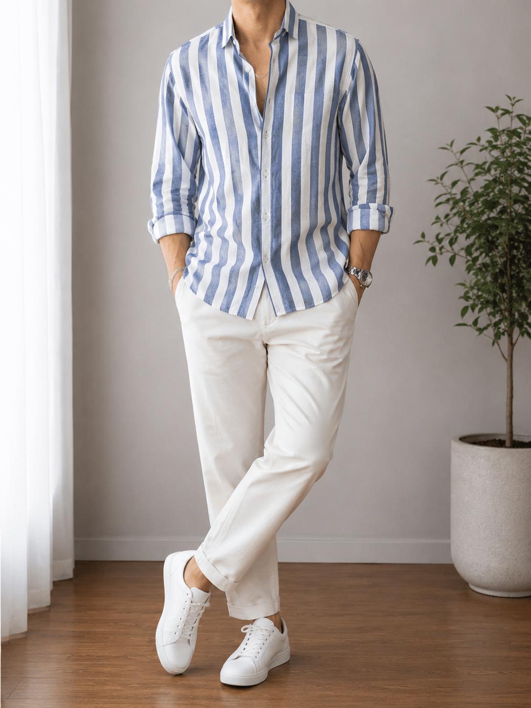 Men's Cotton Linen Striped Button-Down Shirt Casual Loose Summer Top