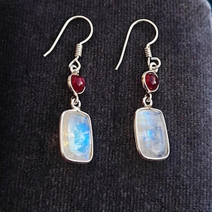 Rainbow Moonstone & Ruby Earrings, 925 Sterling Silver Dangle, Minimalist Gemstone Jewelry, Gift for Her