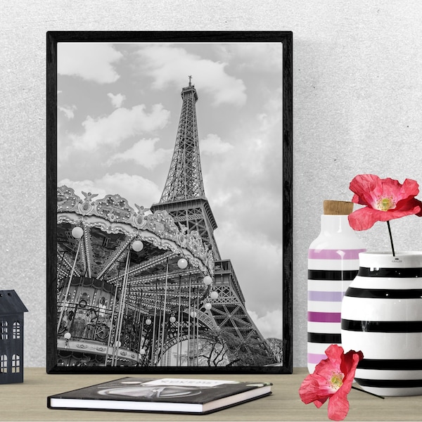 Paris Photography Print Black and White The Eiffel Tower and The Carousel France French Architecture Digital Printable Photo Wall Decor Art