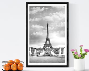 Eiffel Tower Photography Print, Black and White Paris View (Digital Download)