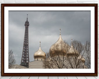 Paris Photography Print, The Eiffel Tower and The Russian Church, Printable Photograph, Digital Download, France Travel Wall Decor, France