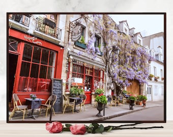 Fotoprint restaurant restaurant Parijs, romantisch Frans straatbeeld (digitale download)