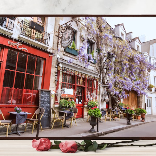 Paris Photography Print Art Romantic street and restaurant in Paris France French Architecture Parisian Decor Digital Photo Instant Download