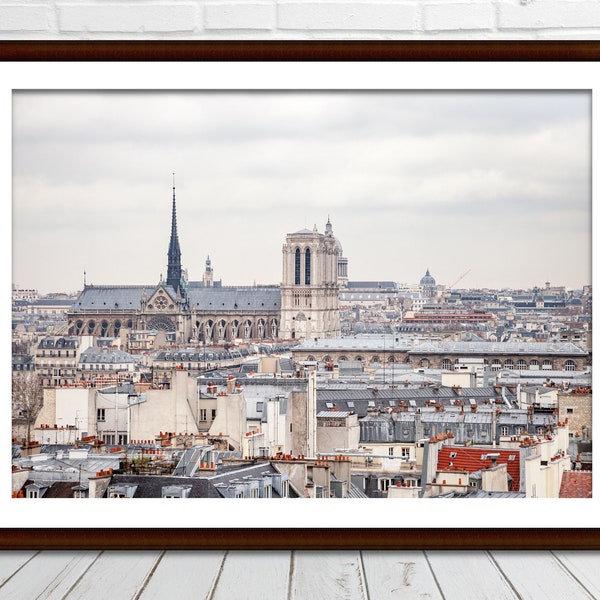 Paris Photography Print Rooftops City Panoramic View French Architecture Notre Dame Cathedral Travel Digital Printable Photo Wall Home Decor