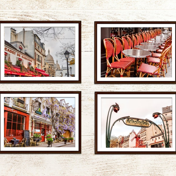 Paris Print Set, Paris Decor, Printable Wall Art, Paris in red, Travel Photography Prints, Travel Prints Set of 4, Photography Print Set