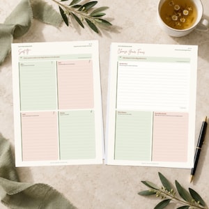 May include: Two white paper planning sheets with pastel green and pink sections. The left sheet is titled Sort It with four quadrants. The right sheet is titled Choose Your Focus with a large section and two smaller ones. Both feature lined spaces.