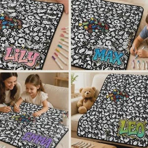 May include: A rectangular fabric mat featuring a black and white doodle pattern of various shapes and objects. The mat includes a customisable area with a name written in a colourful, graffiti-style font, such as Lily, Max, Emma, or Leo.