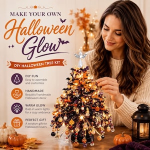 May include: A DIY Halloween tree kit featuring a small, dark-coloured artificial tree decorated with orange, purple, and black ornaments, including pumpkins, bats, and spiderwebs, topped with a white angel ornament and illuminated by warm lights.