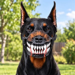 May include: A black and tan Doberman dog wearing a brown and black muzzle featuring a realistic, snarling set of white teeth with red accents. The muzzle covers the snout and mouth area, secured with black straps on the sides of the dog's head.