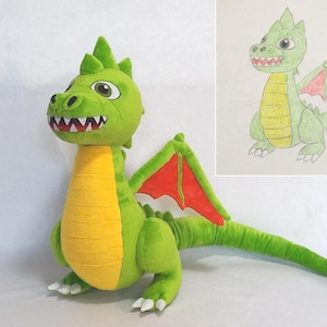 Può includere: Un peluche a forma di drago verde con pancia gialla, artigli bianchi e ali foderate di rosso, mostrato accanto a un'illustrazione a matita colorata fatta a mano dello stesso personaggio su sfondo bianco.