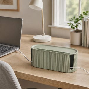 Peut inclure: Une boîte de rangement pour câbles ovale de couleur vert sauge, dotée d'une texture extérieure nervurée et d'un couvercle amovible. Le boîtier présente des ouvertures latérales pour faire passer des câbles blancs, dont un est relié à un ordinateur portable.