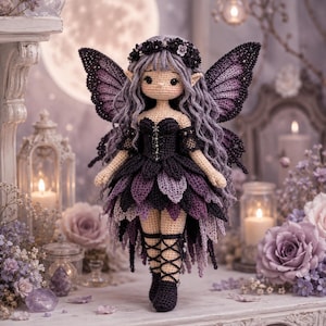 May include: A crocheted fairy doll with long wavy lavender hair, a black floral crown, and large dark purple wings. The doll wears a black bodice and a layered skirt made of dark purple and black leaf-shaped petals, with black lace-up boots.