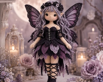 May include: A crocheted fairy doll with long wavy lavender hair, a black floral crown, and large dark purple wings. The doll wears a black bodice and a layered skirt made of dark purple and black leaf-shaped petals, with black lace-up boots.