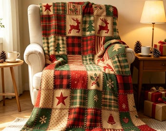 Pode incluir: Uma manta de retalhos com um tema festivo de Natal em quadrados vermelhos, verdes e creme. O padrão inclui motivos impressos de renas, árvores de Natal, estrelas, flocos de neve, azevinho e sinos, combinados com desenhos de xadrez e bolinhas.