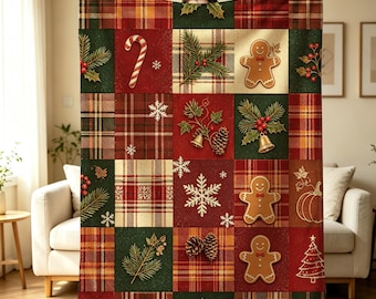 Vintage Christmas Patchwork Flannel Throw Blanket,Christmas Gift For Family, Gingerbread Man Candy Cane Snowflake Blanket, Xmas Home Decor