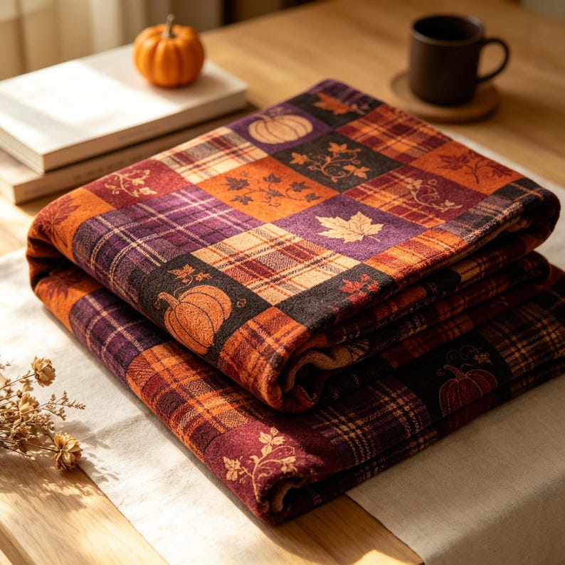 K&ouml;nnte beinhalten: Eine gefaltete Stoffdecke mit einem Patchwork-Design aus Quadraten in Orange-, Lila- und Braunt&ouml;nen. Das Muster zeigt Illustrationen von K&uuml;rbissen, Ahornbl&auml;ttern und Schottenkaro-Texturen, die &uuml;ber das gesamte gewebte Material verteilt sind.