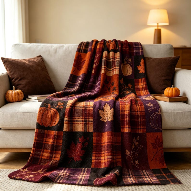 K&ouml;nnte beinhalten: Eine rechteckige Wohndecke mit einem Patchwork-Design aus herbstlichen Quadraten. Das Muster wechselt zwischen karierten Abschnitten in Orange-, Braun- und Violettt&ouml;nen sowie Feldern, die mit orangefarbenen K&uuml;rbissen und Ahornbl&auml;ttern verziert sind.