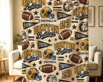 Retro Football Throw Blanket, Navy and Gold Benton Bulldogs Design for Game Day,Custom Sports Fan Gift