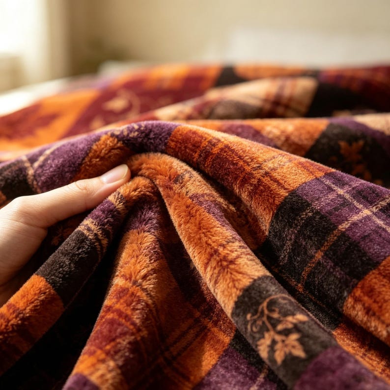 K&ouml;nnte beinhalten: Eine flauschige Decke mit einem Karomuster in den Farben Dunkelviolett, gebranntes Orange und Dunkelbraun. Der Stoff hat einen weichen, strukturierten Flor mit einem dezenten Blattmotiv, das in das Karodesign eingearbeitet ist und warm wirkt.