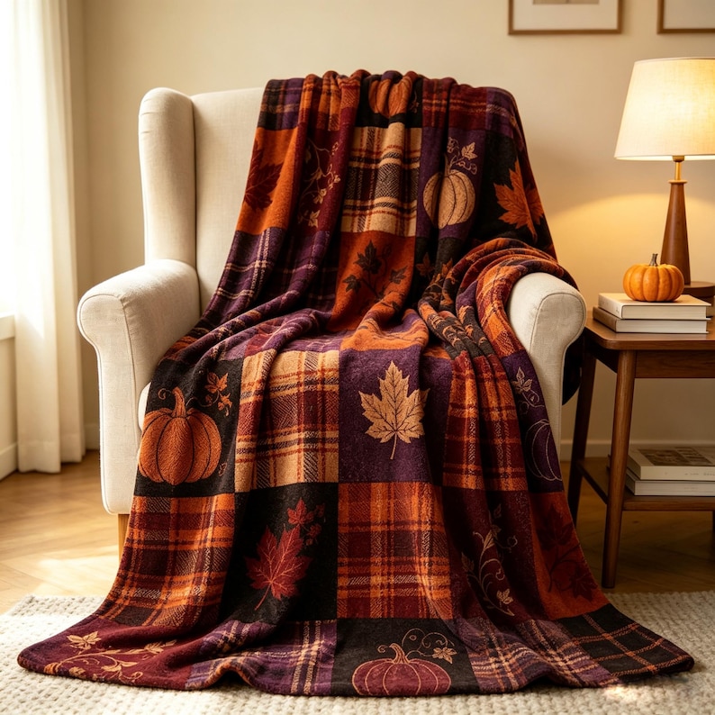 K&ouml;nnte beinhalten: Eine weiche Wohndecke mit einem Patchwork-Design aus herbstlichen Quadraten. Das Muster wechselt zwischen karierten Abschnitten in Orange-, Dunkellila- und Braunt&ouml;nen sowie Feldern, die mit orangefarbenen K&uuml;rbissen und braunen Ahornbl&auml;ttern verziert sind.