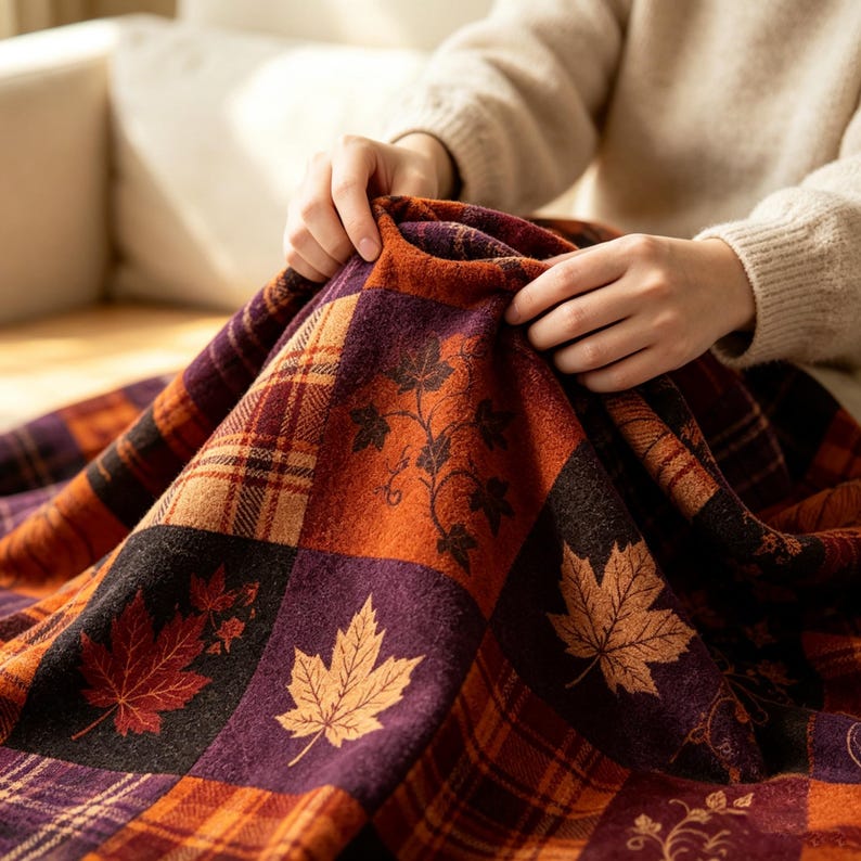 K&ouml;nnte beinhalten: Eine weiche, strukturierte Wohndecke mit einem Patchwork-Design aus herbstlichen Quadraten. Das Muster wechselt zwischen dunkelvioletten und orangefarbenen Bl&ouml;cken, die mit detaillierten Ahornblatt-Illustrationen und klassischen Karomustern verziert sind.