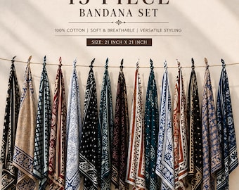 15 Piece Indian Block Print Cotton Bandana Set, 21x21 Inch Boho Scarves