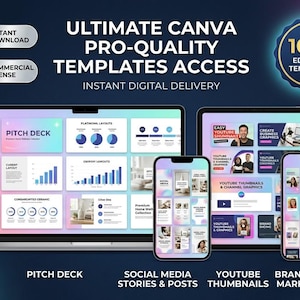 May include: A digital product bundle featuring 100+ editable Canva templates displayed on a laptop, tablet, and two smartphones. The screen graphics show pitch decks, social media stories, YouTube thumbnails, and branding layouts with text.