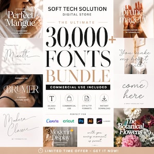 Puede incluir: Un anuncio de producto digital para un paquete de más de 30,000 fuentes de Soft Tech Solution. La imagen muestra varios ejemplos de estilos de fuente, iconos para uso comercial, formatos OTF y TTF, y logotipos de Canva, Cricut, Photoshop, Illustrator y Procreate.