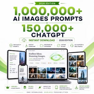 Könnte beinhalten: Eine digitale Produktanzeige mit einem Laptop und Mobilgeräten, die KI-Bild-Prompts und ChatGPT-Text zeigen. Die Grafik enthält den Text 2026 EDITION, 1,000,000+ AI IMAGES PROMPTS, 150,000+ CHATGPT, INSTANT DOWNLOAD und ONE DOWNLOAD, ENDLESS POSSIBILITIES.