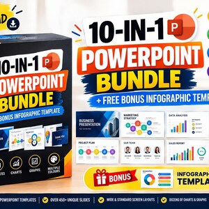 Könnte beinhalten: Eine 10-in-1 PowerPoint-Bundle-Box für digitale Produkte mit dem Text 10-IN-1 POWERPOINT BUNDLE + FREE BONUS INFOGRAPHIC TEMPLATE. Die Box zeigt verschiedene Folienbeispiele, darunter Geschäfts-, Marketing- und Datenanalyse-Diagramme.