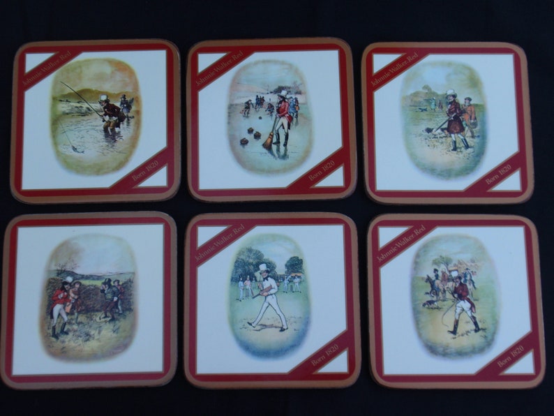 May include: Six square coasters with a red border and a white background. Each coaster features a different illustration of a man in a red coat and top hat participating in a different activity, such as fishing, playing croquet, and riding a horse. The text "Johnnie Walker Red" and "Born 1820" are printed on each coaster.