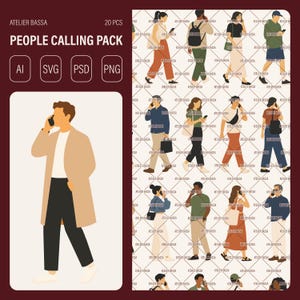 Op de afbeelding: Een digitaal grafisch pakket genaamd PEOPLE CALLING PACK met 20 illustraties van personen die mobiele telefoons gebruiken. De set bevat AI-, SVG-, PSD- en PNG-bestandsformaten. De illustraties tonen diverse figuren in vrijetijdskleding, elk wandelend afgebeeld terwijl ze een telefoon aan hun oor houden.