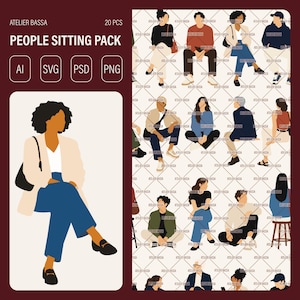 Op de afbeelding: Een digitaal grafisch pakket genaamd PEOPLE SITTING PACK van ATELIER BASSA met 20 vectorillustraties van diverse mensen in verschillende zittende houdingen. De set bevat AI-, SVG-, PSD- en PNG-bestandsformaten met platte, minimalistische ontwerpen.