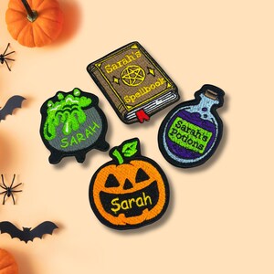 Personalised Halloween Embroidered Patches - Custom Name Pumpkin, Cauldron, Spellbook & Potion Patch, Hand Drawn Designs