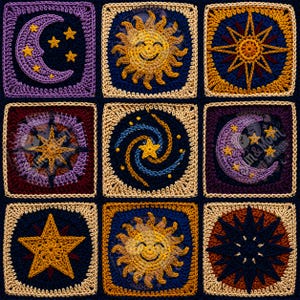 May include: A grid of nine square crochet motifs featuring celestial themes. The designs include smiling suns, crescent moons, various star shapes, and a spiral galaxy, all worked in shades of purple, navy blue, yellow, and cream yarn.