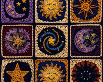 Whimsigoth celestial granny squares seamless pattern (NOT a crochet/knit pattern to create a finished product)