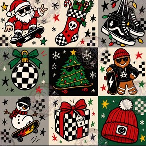 May include: A digital illustration grid featuring nine Christmas-themed squares. Elements include Santa on a skateboard, a skull-patterned stocking, high-top sneakers with lights, a checkered ornament, a tree on a skateboard, a gingerbread person, a snowman on a skateboard, a checkered gift box labeled XMAS, and a red knit beanie.