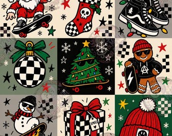Skater Santa Christmas seamless pattern