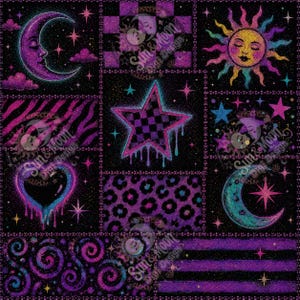 May include: A digital graphic design featuring a grid of celestial and patterned squares. Elements include a purple crescent moon, a sun with colorful rays, a checkered star with drips, leopard print, zebra stripes, swirls, and stars.
