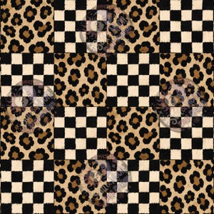 May include: A digital pattern featuring a repeating grid of alternating squares. The design consists of black and white checkered squares interspersed with squares displaying a brown, black, and tan leopard print animal skin pattern.