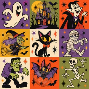 May include: A grid of nine square illustrations featuring cartoon Halloween characters including a white ghost, a haunted house, a vampire, a witch on a broom, a black cat, a mummy, a green monster, a bat, and a skeleton, all accented with star shapes.