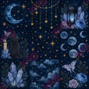 Könnte beinhalten: Ein dunkelblaues Stoffmuster mit einer schwarzen Katze, einer Mondsichel und einer Laterne, umgeben von blauen Kristallen und Blumen. Das Design zeigt einen Mondzyklus, hängende Sterne, einen Nachtfalter und einen bewölkten Nachthimmel mit goldenen Sternen.