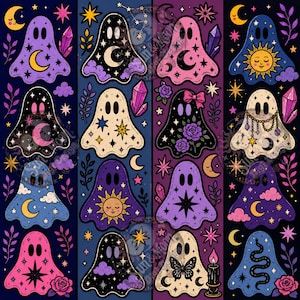 May include: A digital illustration featuring a grid of sixteen stylized ghosts in various colors including purple, pink, black, and cream. Each ghost is decorated with celestial motifs like moons, suns, stars, crystals, flowers, and butterflies.